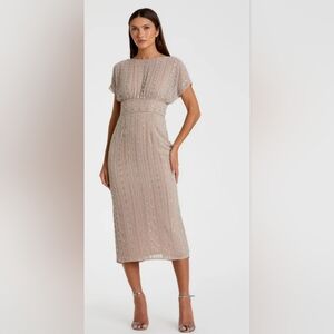 MAC DUGGAL 93649 BEADED CAP SLEEVE COLUMN  DARK MOCHA MIDI DRESS 14